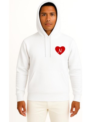 Bahriyeli Collection Kapüşonlu Sevgililer Günü Özel Kalp Içinde N Harfi Cep Baskılı Unisex Sweatshirt