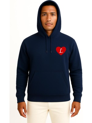 Bahriyeli Collection Kapüşonlu Sevgililer Günü Özel Kalp Içinde L Harfi Cep Baskılı Unisex Sweatshirt