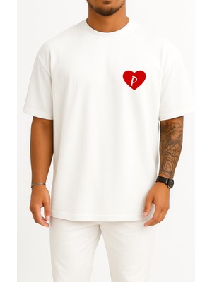 Bahriyeli Collection Oversize Sevgililer Günü Özel Kalp Içinde P Harfi Cep Baskılı Unisex T-Shirt