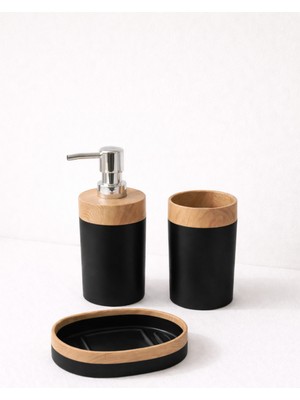 Özbience Ahşap Detaylı 3 Parça Banyo Seti Sabunluk Diş Fırçalık Sıvı Sabunluk