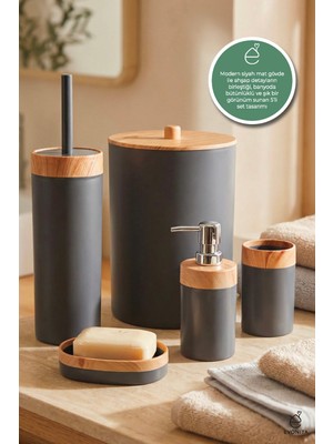 Özbience Ahşap Desenli 5'li Banyo Seti: Çöp Kovası, Sıvı Sabunluk, Diş Fırçalık, Sabunluk