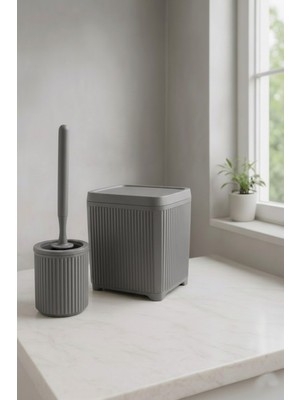 Özbience Şık Gri Banyo Seti, 2 Parça Akrilik Çöp Kovası 5 Litre