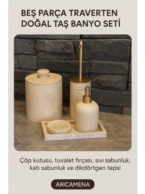 Özbience Traverten Doğal Taş Banyo Seti, 5 Parça, Şık ve Dayanıklı Tasarım