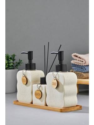 Özbience 3'lü 300 ml Seramik Banyo Seti, Bambu Standlı, Şık ve Pratik Tasarım
