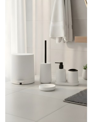 Özbience Beyaz 5 Parça Yuvarlak Banyo Seti (Kova, Tuvalet Fırçası, Sıvı Sabunluk)