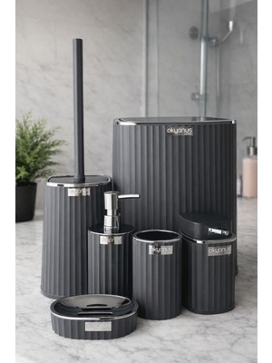 Özbience Şık Çizgili Yuvarlak Antrasit 5'li Banyo Seti, Modern ve Kullanışlı