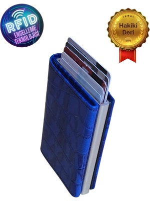 Basarideri Hakiki Deri Otomatik Mekanizmalı Rfid Korumalı Erkek Kartlık Cüzdan Mavi Kroko