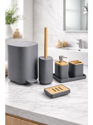 Özbience Bambu Banyo Seti Kare 6 Parça Otomatik Basmalı Kapak