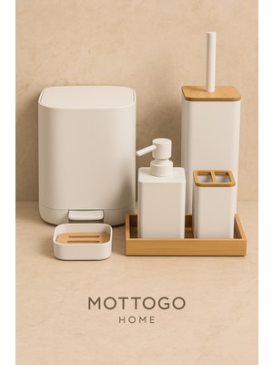Özbience 6’lı Modern Banyo Seti, Bambu Detaylı, Mat Ekru, Şık ve Fonksiyonel