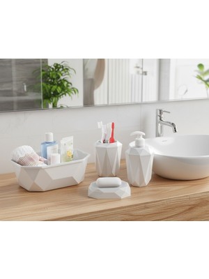 Özbience Şık Geometrik Desenli 4’lü Banyo Seti: Sabunluk, Diş Fırçalık ve Sepetlik