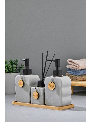 Özbience 3'lü 300 ml Seramik Banyo Seti Bambu Standlı, Şık ve Fonksiyonel