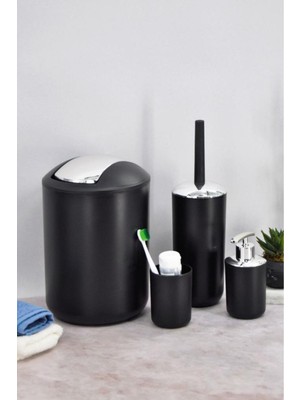 Özbience Şık Siyah 4'lü Banyo Aksesuar Seti ve Çöp Kovası Seti