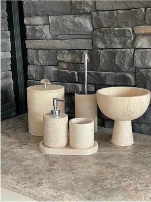 Özbience Şık Traverten 6'lı Banyo Takımı, Ayaklı Kase ve Havluluklu Set