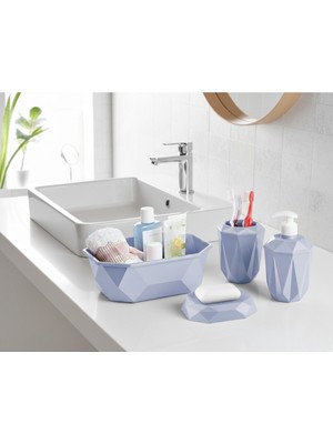Özbience Geometrik Desenli 4'lü Banyo Seti, Sabunluk, Diş Fırçalık ve Sepet