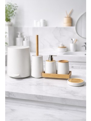 Özbience Bambu Banyo Seti, Yuvarlak, 6 Parça, Otomatik Basmalı, Şık ve Kullanışlı