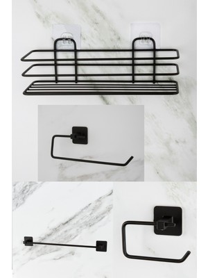 Özbience Siyah Banyo Duş Rafı ve Havluluk Seti, 4'lü, Yapışkanlı, Şık Tasarım