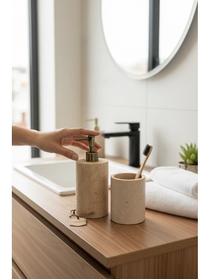 Özbience Doğal Mermer Antik Gold Traverten Sabunluk ve Diş Fırçalık Seti