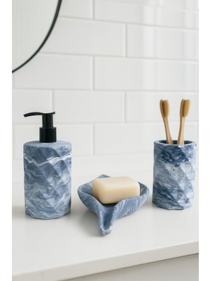 Özbience Şık 3'lü Mermer Desenli Banyo Seti, Elmas Model, Sabunluk ve Diş Fırçalık