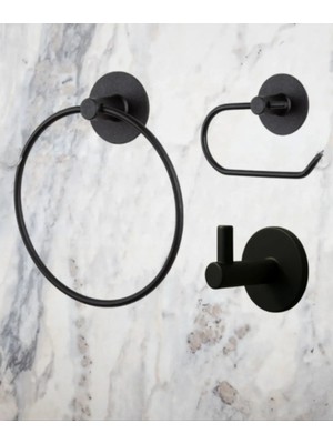 Özbience Şık Yuvarlak Siyah Banyo Askısı ve Havluluk Seti