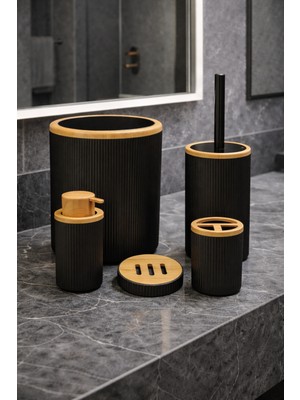 Özbience Ahşap Desenli Bambu Kapaklı 5 Parça Banyo Seti, Şık ve Fonksiyonel
