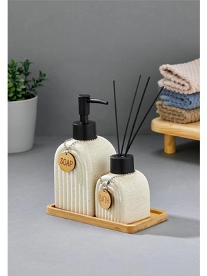 Özbience Ikili Seramik Banyo Seti, Bambu Stand, 320 Ml, Şık ve Fonksiyonel