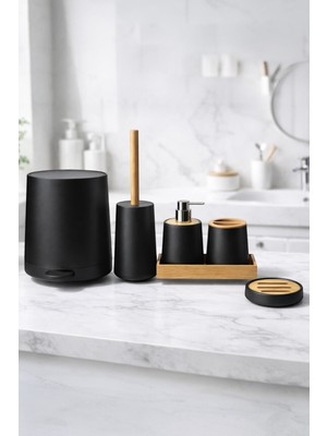 Özbience Bambu Banyo Seti, Yuvarlak, 6 Parça, Otomatik Basmalı, Şık ve Kullanışlı