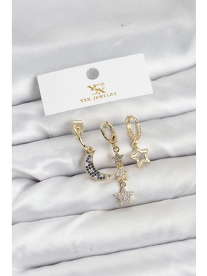 Marsilyan Pirinç Gold Renk Zirkon Taşlı Ay ve Yıldız Model Ysx Trio Küpe Seti - TJ-BKP11574