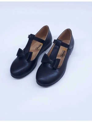 Aktaş Ortopedi Kız Çocuk Direkli Alt Papyon Fiyonklu Siyah Mat Ortopedik Abiye Babet Ayakkabı