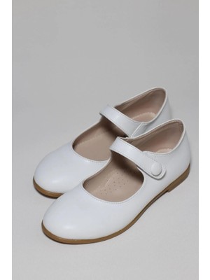 Aktaş Ortopedi Kız Çocuk Düğmeli Beyaz Mat Ortopedik Babet Ayakkabı