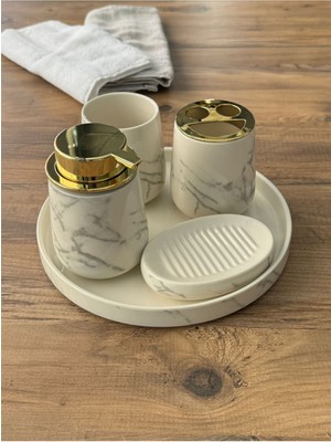 Özbience Şık Gri Mermer Desenli 5 Parça Porselen Banyo Seti