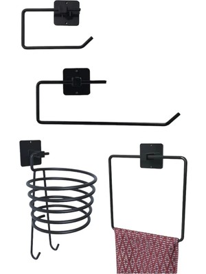 Özbience Siyah Metal 4'lü Set: Havluluk, Fön Makinesi Tutucu, Kare Havluluk, Tuvalet Kağıdı