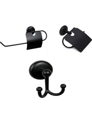 Özbience Şık Siyah Üçlü Banyo Aksesuar Seti, Havlu, Kağıtlık ve Askı ile Tamamlayın