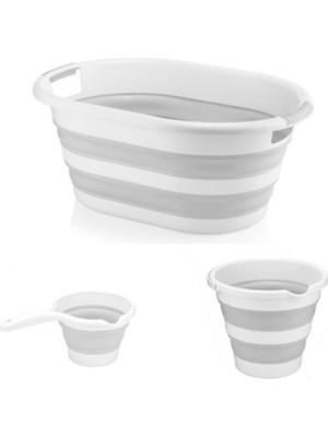 Özbience Gri 3’lü Set, Katlanabilir Sepet, Kova ve Maşrapa, Pratik ve Kullanışlı