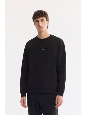 AVVA Erkek Siyah Bisiklet Yaka Enjeksiyon  Baskılı Interlok Sweatshirt A61Y1205