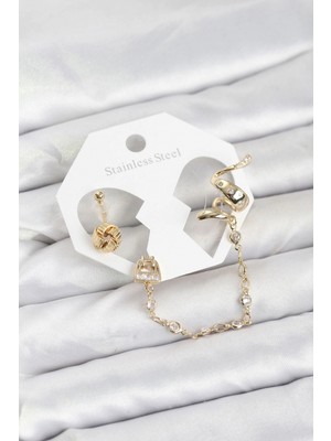 Marsilyan Pirinç Gold Renk Yılan Model Zincir Bağlantılı Ear Cuff Küpe Seti - TJ-BKP11532