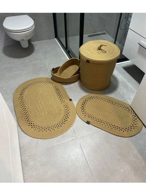 Özbience Doğal Jüt ve Hasır Banyo Paspas Takımı, 5'li, Bohem ve Iskandinav Tarzı