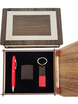 Skygo Özel Ahşap Kutulu Kırmızı Kalem Anahtarlık ve Çakmak Set