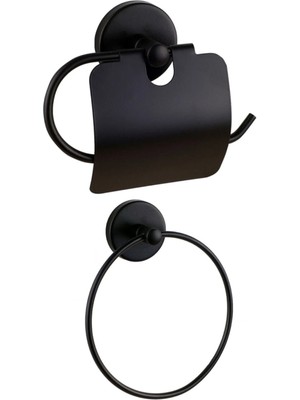 Özbience Şık Siyah Yuvarlak Havluluk ve Kapaklı Tuvalet Kağıtlık Seti