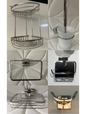 Özbience Shiny Silver Bathroom Set With Corner Shelf, Towel Hook, Toilet Brush & Dispenser
