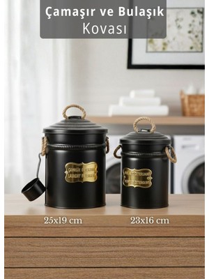 Özbience 2'li Metal Çamaşır ve Bulaşık Kovası Seti, Ölçekli Deterjan Kutusu