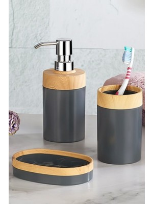 Özbience Bambu Görünümlü 3'lü Plastik Banyo Seti, Sıvı Sabunluk ve Diş Fırçalık