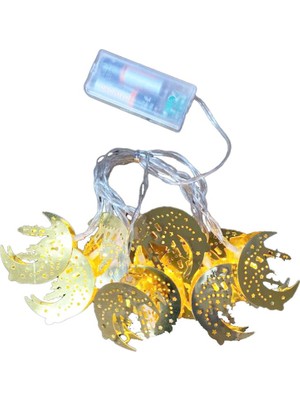 Go İthalat Cami-Minare Ay-Yıldız MODEL=10PCS Gold Metal Pilli Dekoratif LED Işık - Lamba 2mt Kablo (5314)