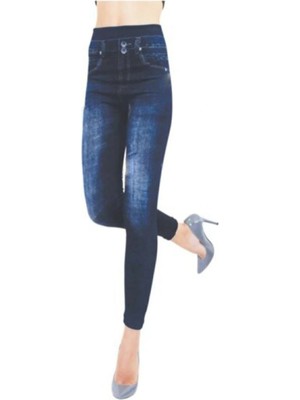 F.k Kadın Koyu Mavı Füme Kot Görünümlü Likralı Tayt