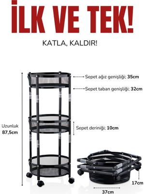 Özbience 3 Katlı Pratik Katlanır Siyah Metal Tekerlekli Çok Amaçlı Sepet