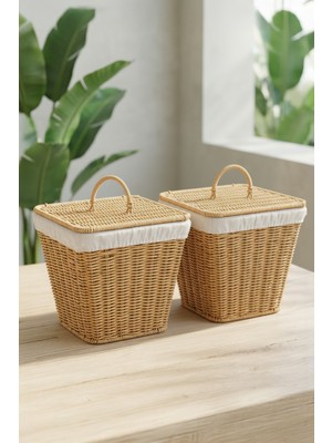 Özbience Iki Parça Kare Rattan Hasır Sepet Meyve ve Sebze Organizer Seti
