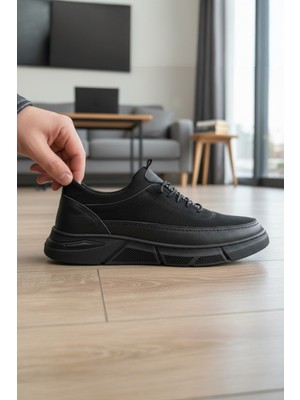 Enoch Hakiki Deri Siyah Süvet Erkek Sneaker Ayakkabı Ortopedik Taban