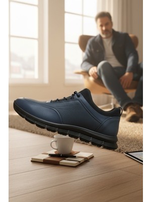 Enoch Hakiki Deri Lacivert Lastikli Erkek Sneaker Ortopedik Taban