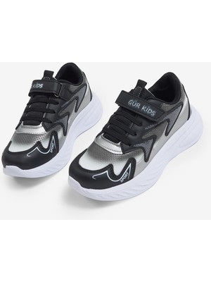 Tonny Black Çocuk Unisex Siyah Gri Eva Faylon Taban Çocuk Unısex Cırtlı Lastik Bağcıklı Spor Ayakkabı