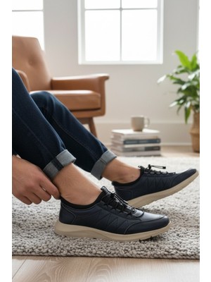 Enoch Hakiki Deri Lacivert Zikzak Nakışlı Erkek Sneaker Ayakkabı Ortopedik Taban