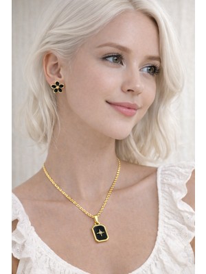 Siyah Mineli Çiçek Küpe & Geometrik Kolye Seti